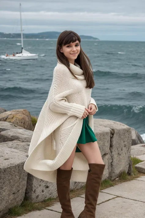 a woman in a white sweater and green skirt posing for a picture