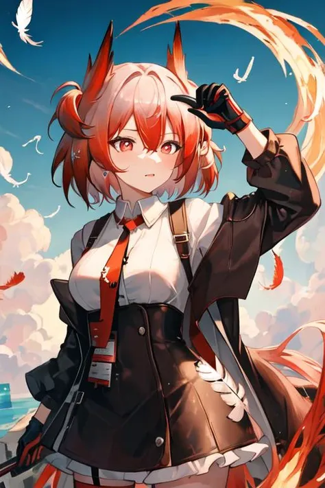 best quality, masterpiece, highres, solo, {fiammetta_arknights:1.15}, red_hair, red_eyes, short_hair, animal_ears, necktie, red_necktie, bird_ears, upper_body, hair_between_eyes, breasts, closed_mouth, feather_hair