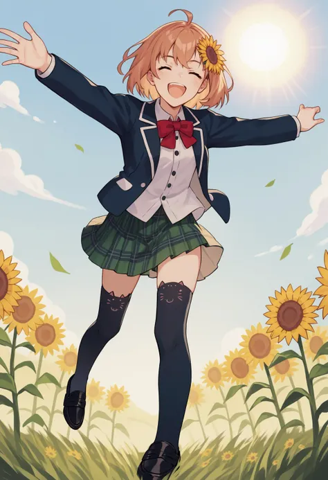 a woman in a school uniform is standing in a field of sunflowers