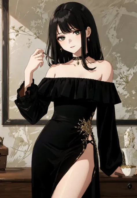 mysterious woman in a thin black dress, cowboy shot, off shoulder, looking at viewer, seductive
<lora:anime_extract:1>