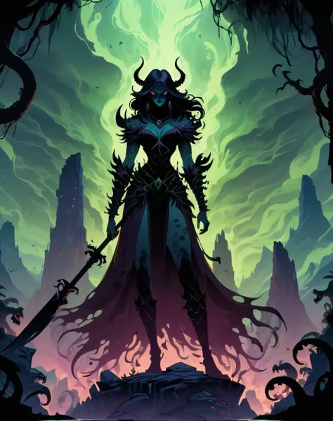 <lora:Shadow_Style_XL:1> shadow silhouette,  8K, HD, gloomy colors, dark aura, horror, cartoon style, flat, earth demon, witch, jungle, epic fantasy realm with a powerful female warrior standing atop a mountain, surrounded by swirling auroras and mythical ...