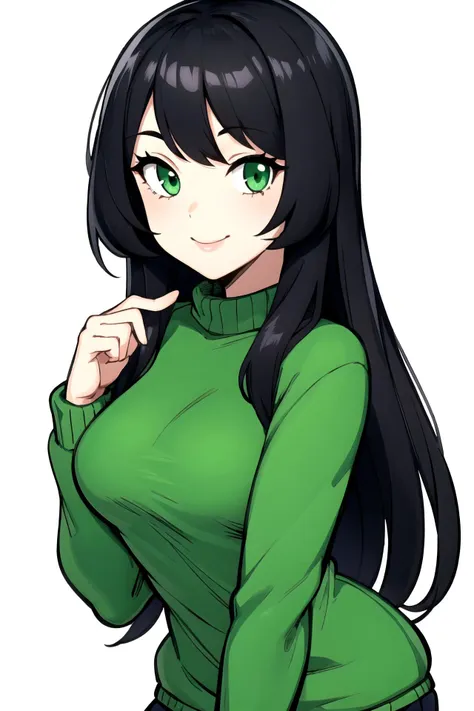 a woman with long black hair and green eyes in a green shirt