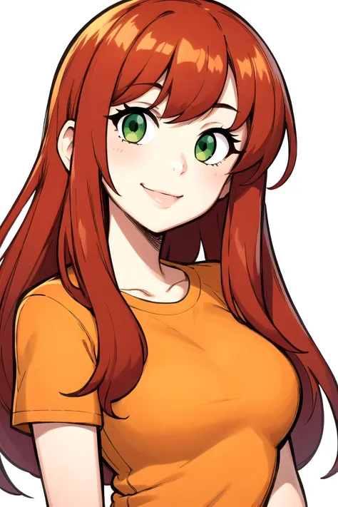 a woman with long red hair and green eyes wearing a yellow shirt