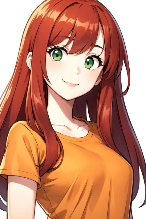 a woman with long red hair and green eyes is smiling