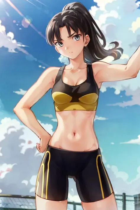 outdoors, sky, clouds, 1girl, solo, (prettyeyes), looking at viewer, <lora:GoodHands-vanilla:1>, <lora:rinsport:0.82> fightingrin, ponytail, bike shorts, sports bra, <lora:FateVN:0.9>