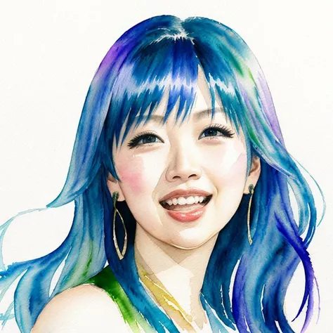 <satoumasaki> (expressive chaotic watercolor portrait:1.3), 1girl smiling and laughing, emerald green dress, spatters, dribbles of paint