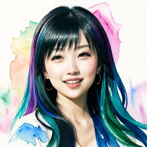 <satoumasaki> (expressive chaotic watercolor portrait:1.3), 1girl smiling and laughing, emerald green dress, spatters, dribbles of paint