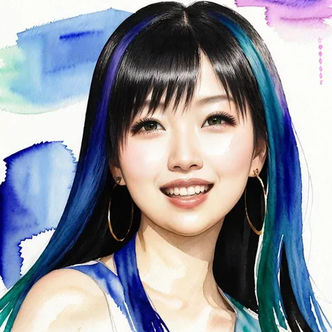 <satoumasaki> (expressive chaotic watercolor portrait:1.3), 1girl smiling and laughing, emerald green dress, spatters, dribbles of paint