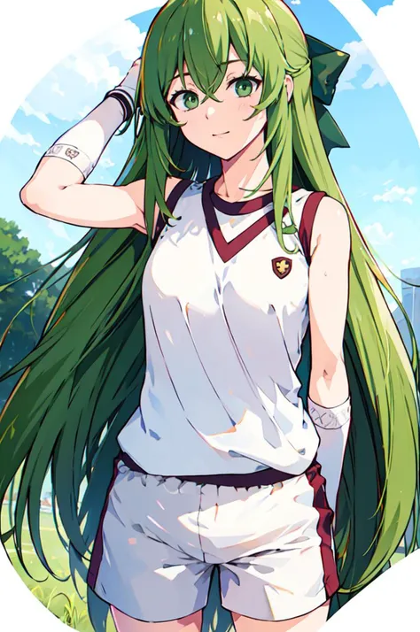 <lora:tokiwadai:0.8> tokiwadai, gym uniform, gloves, sleeveless, shirt, shorts, sleeveless shirt, gym shorts, white shorts, white shirt, gym shirt,  <lora:RtPL-Fia:1> Fia_(riviera), green eyes, very long hair, long hair, bow,, ultra detailed, masterpiece, ...