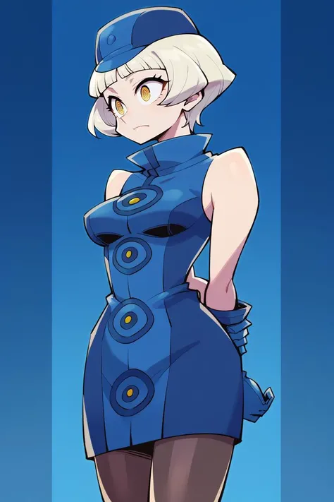 score_9, score_8_up, score_7_up, BREAK, <lora:sunafukitabito-guy-PONYv1:1>, 1girl, solo, breasts,  <lora:persona3_elizabeth_ponyXL:0.95> p3elizabeth, hat, blue dress, sleeveless dress, blue gloves, black pantyhose, blue background, spiral background, arms ...