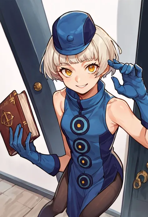 anime girl in blue dress holding a book and a book