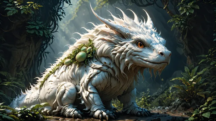 a close up of a white dragon with a bunch of leaves on its back