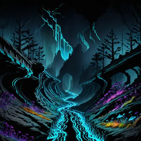 Angst Crystal Canyon Overpass,Bioluminescence,Brook, <lora:Angst-v1-2_SDXL:1>