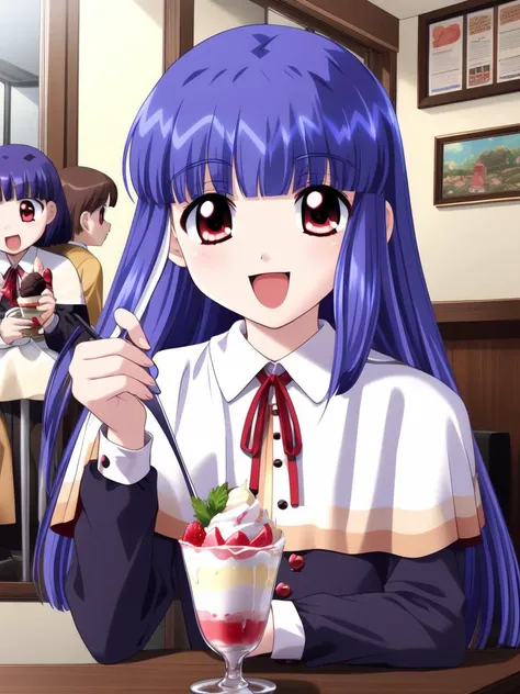 <lora:Shinonome_Mizuki:0.8> ShinonomeMizuki, blue hair, red eyes, long hair, food, multiple girls, spoon, capelet, smile, parfait, open mouth, long sleeves, fruit, 2girls, sitting, bangs, ice cream, blunt bangs, looking at viewer,
masterpiece, high quality...