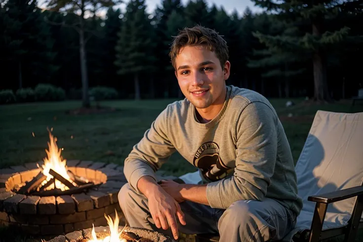 Outdoors nighttime,indirect lighting from campfire,Cowboy shot,determined grin,slim 22yo man dg_ShawnPyfrom,stubble,relaxing,chilly autumn evening,<lora:dg_ShawnPyfrom-v1:0.8>,close up,