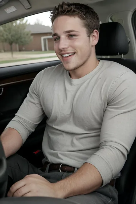 RAW Photo, photo of handsome man 1boy dg_ShawnPyfrom driving down a suburban street laughing manically <lora:dg_ShawnPyfrom:0.75>