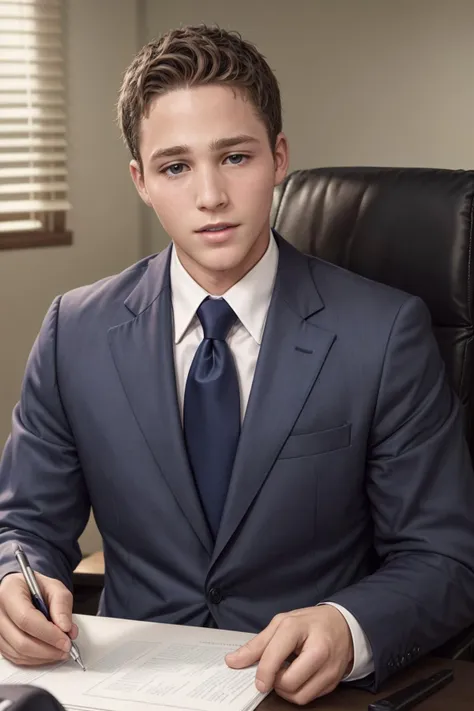 arafed young man in a suit sitting at a desk with a pen and paper