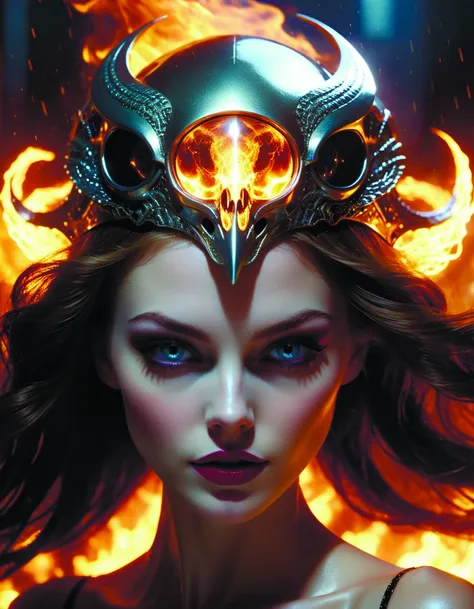 a woman with a horned headpiece on her head in flames