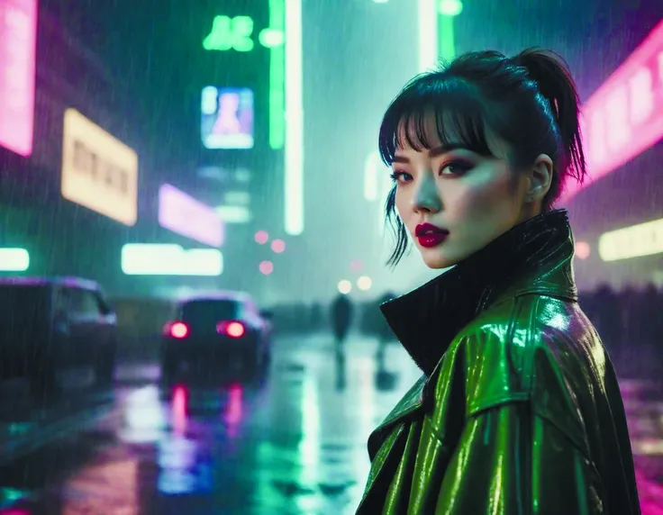 a woman in a green raincoat standing in the rain