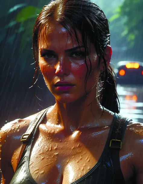 a close up of a woman in a wet suit standing in the rain