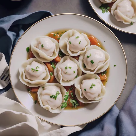 a very appetizing plate of small tastiest pelmeni, close up, highly detailed, insane details, intricate details