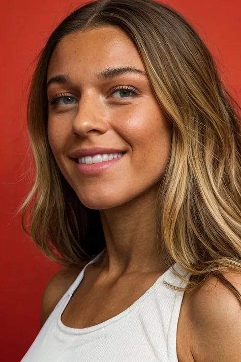 a close up of a woman with long hair and a white tank top