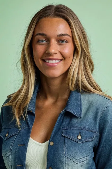 a close up of a woman with long hair wearing a denim jacket