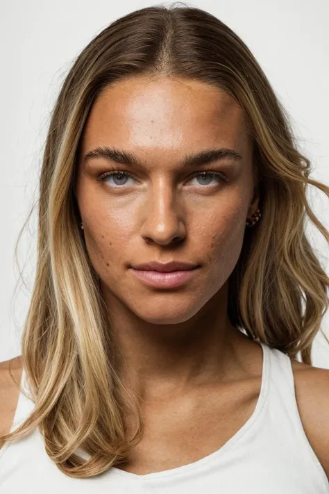 a woman with long hair and a white tank top