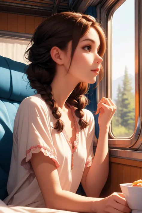 a woman sitting on a train looking out a window with a bowl of food