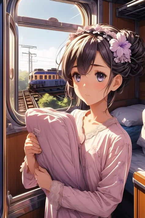 anime girl in pink dress looking out of train window