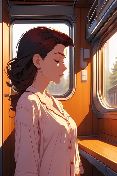 anime girl looking out of a train window at the sun