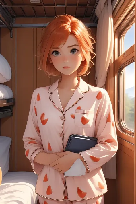 a woman in pajamas standing in a train car with a book