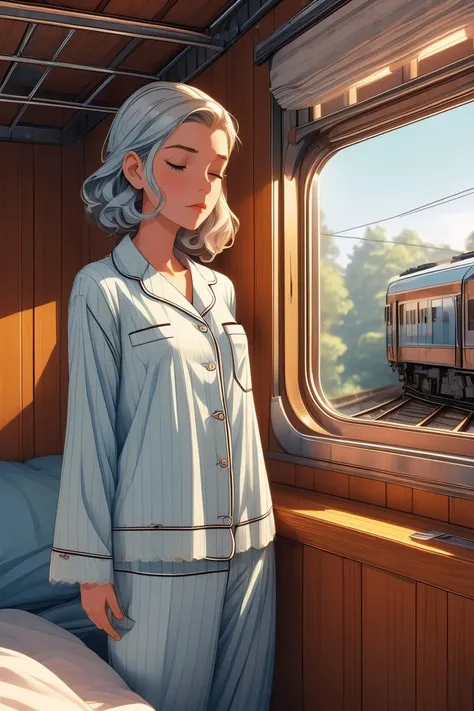 a woman in pajamas looking out a train window at a train