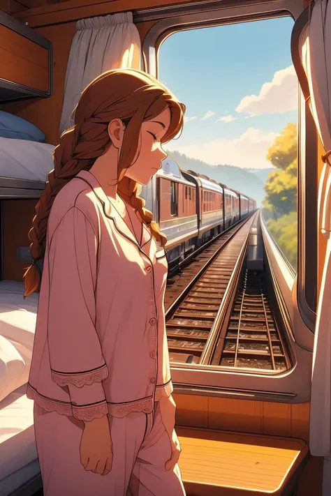 anime girl looking out of train window at train tracks