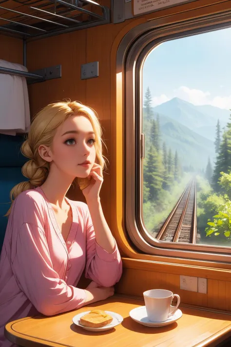 blonde woman sitting at a table looking out a train window