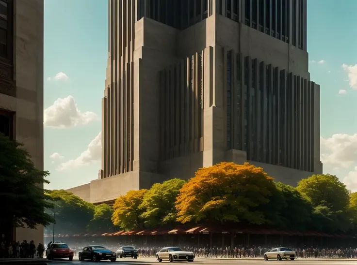 cars are parked in front of a tall building on a city street