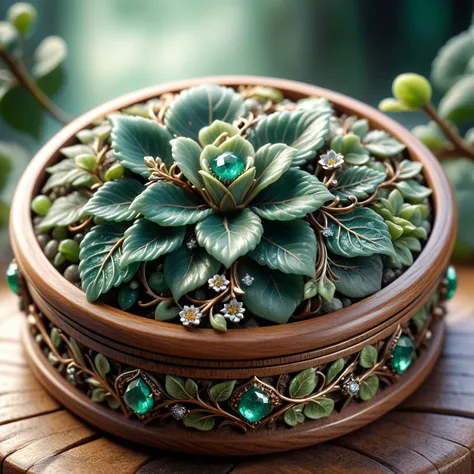 there is a small green plant in a wooden bowl on a table