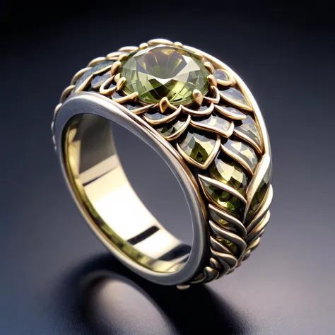 a close up of a ring with a green stone in it