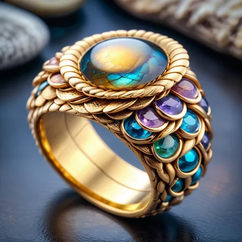 a close up of a ring with a stone surrounded by colorful stones