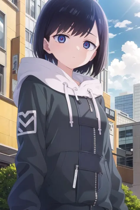 kanaichikawa, <lora:kana ichikawa s1-lora-nochekaiser:1>,
kana ichikawa, short hair, bangs, blue eyes, black hair, (ringed eyes:1.5),
BREAK jacket, hood, hoodie, hood down, drawstring,
BREAK outdoors, city, sun, sky, clouds,
BREAK looking at viewer, (cowbo...