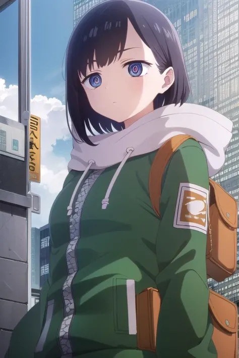 kanaichikawa, <lora:kana ichikawa s1-lora-nochekaiser:1>,
kana ichikawa, short hair, bangs, blue eyes, black hair, (ringed eyes:1.5),
BREAK jacket, hood, hoodie, hood down, drawstring,
BREAK outdoors, city, sun, sky, clouds,
BREAK looking at viewer, (cowbo...