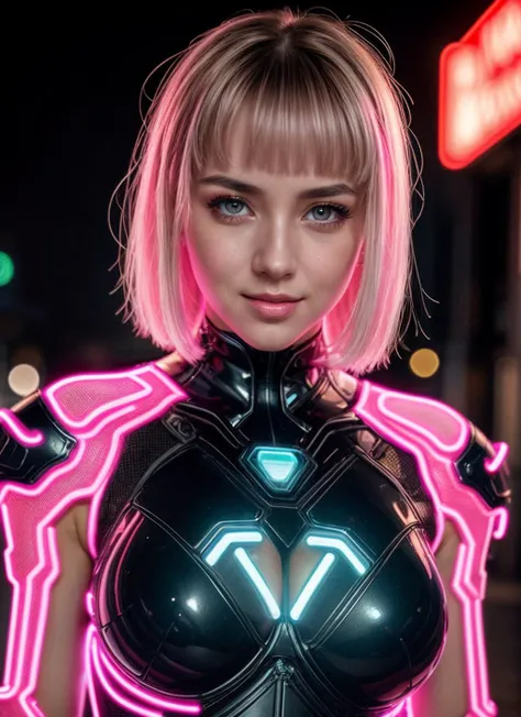 HDR, 8K resolution, intricate detail, sophisticated detail, depth of field, photorealistic, sharp focus, analogue RAW DSLR photograph, photorealistic, looking at viewer, closeup portrait, 1 girl, smiling, Tron scifi cyberpunk background, neon, ((sexy neon ...