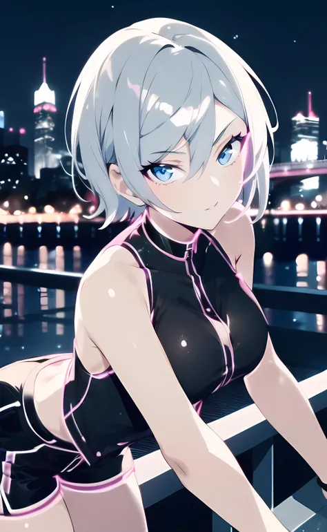 1girl, dynamic pose, sexy pose, short hair, silver hair, blue eyes, black vest, black shorts, bare shoulders, bare arms, outdoors, city, cityscape, city lights, night, night sky <lora:nlc_pink:1.5>