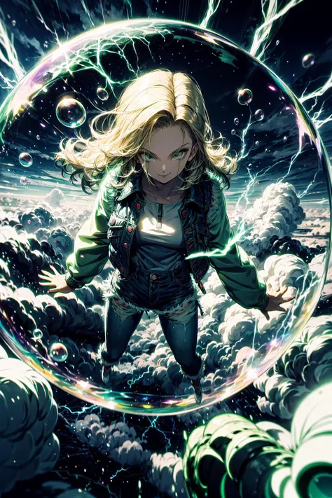 a woman in a green jacket standing in a circle of bubbles