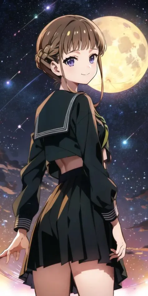 a woman in a short skirt standing in front of a full moon