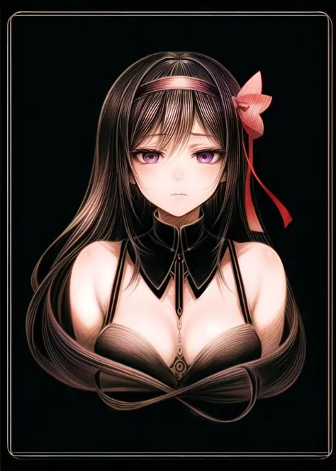 masterpiece, best quality, 1girl, <lora:soulcard:1>, (soul card, line:1.1), (pencil_sketch:1.4), upper body, bust,   <lora:akemiHomura_v10:0.9>, (akemi homura:1.1), long hair, (black hair:1.4), Purple eyes, hairband, emotionless