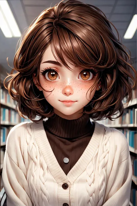 a girl with brown hair and a white sweater is standing in a library