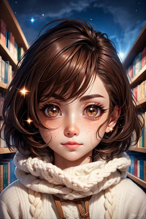 a girl with brown hair and a white sweater is standing in front of a bookshelf