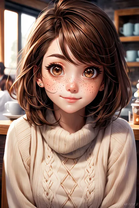 a girl with brown hair and a sweater sitting at a table