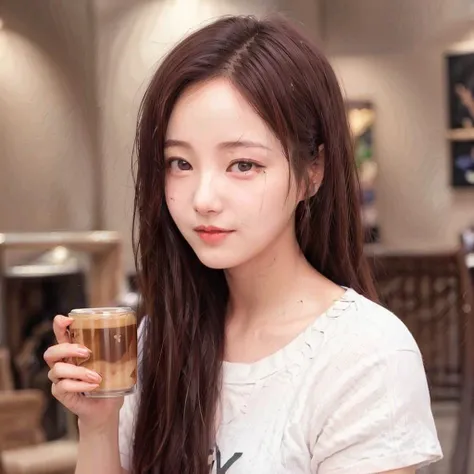 <lora:yeonwoo_v10:0.8>,masterpiece, best quality, ultra high res, 1girl, (solo:1.2), (photorealistic:1.0), yeonwoo, long hair, wearing binding short, hot coffee, hair ornament, light smile, t-shirt,  lustrous skin, glowing eyes, messy_hair, blunt bangs, om...